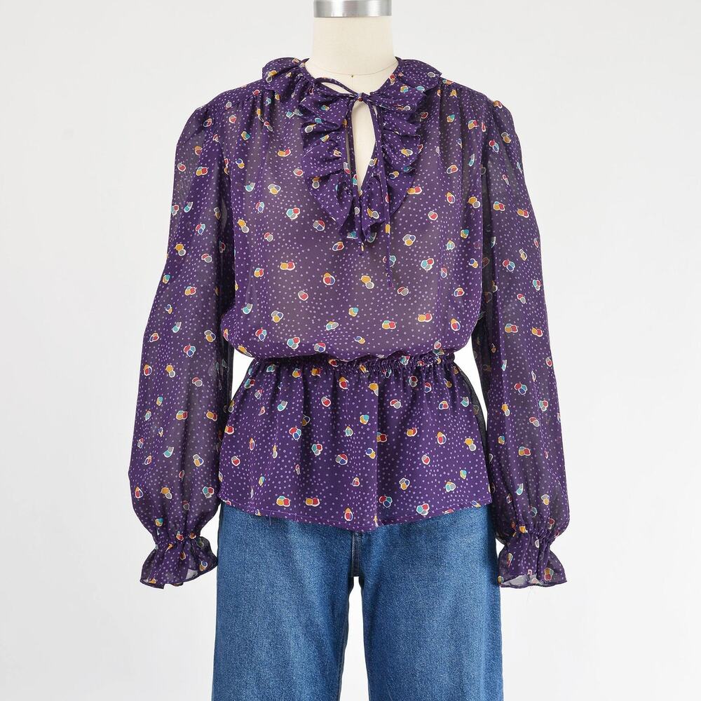 Vintage 80s Purple Sheer Blouse Polka Dot Ruffle Tie Neck Peplum Waist Top